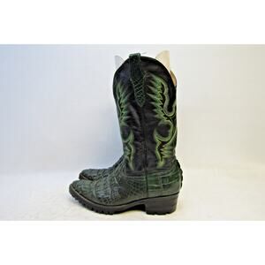Taranumara Mens Size 8 D Black Leather Green Alligator Combat Soles Cowboy Boots